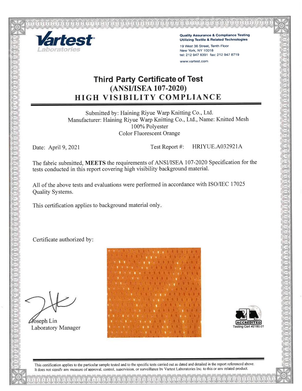 Preview of an ANSI ISEA 107-2020 third-party test certificate